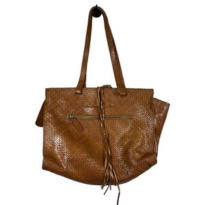 Carla Mancini Woven Leather Tote Bag Brown Shoulder Purse Tassel Large